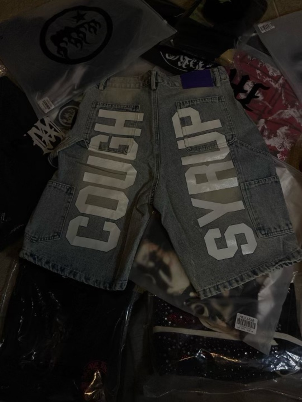 COUGH x SYRUP Gray Denim Cargo Shorts with Bold White Branding
